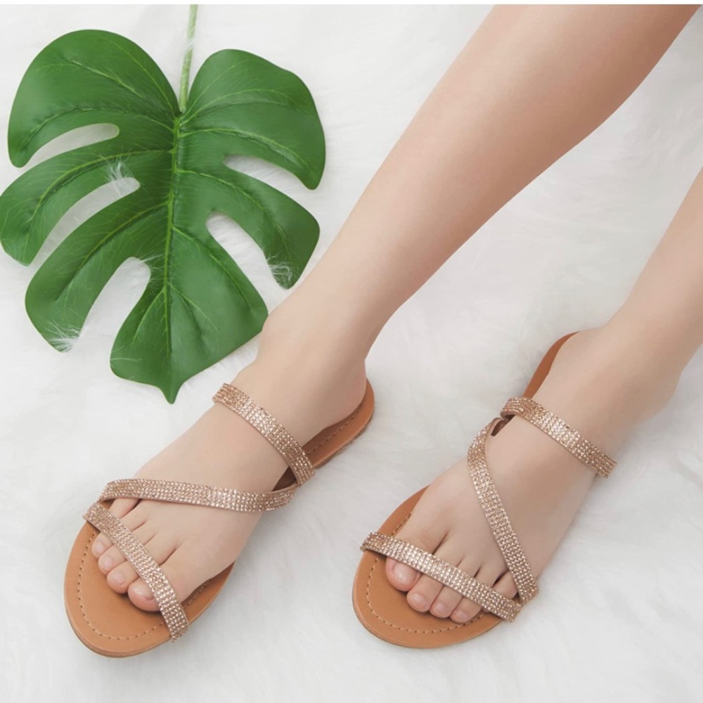 New REDTOP Women's Slip on Flat Sandals Casual Bling Rhinestone Strap Sandals